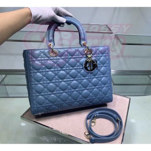 Dior Large Lady Dior Bag In Denim Blue Cannage Lambskin