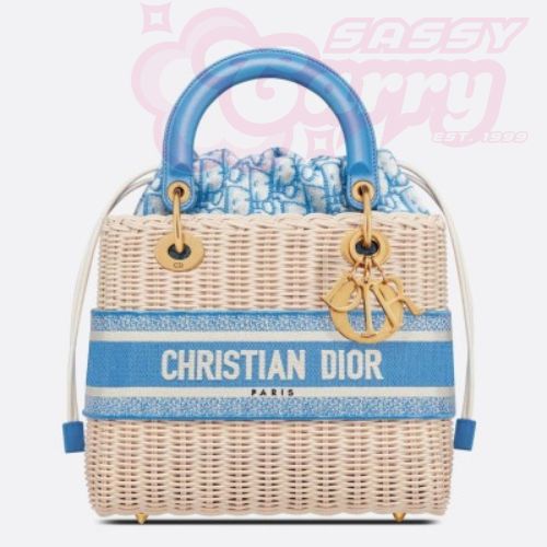 Dior Medium Lady Dior Bag In Wicker and Light Blue Oblique Jacquard