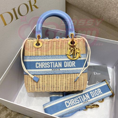 Dior Medium Lady Dior Bag In Wicker and Light Blue Oblique Jacquard