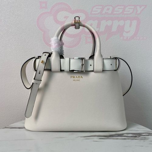 Prada Buckle Medium Bag with Belt in White Leather