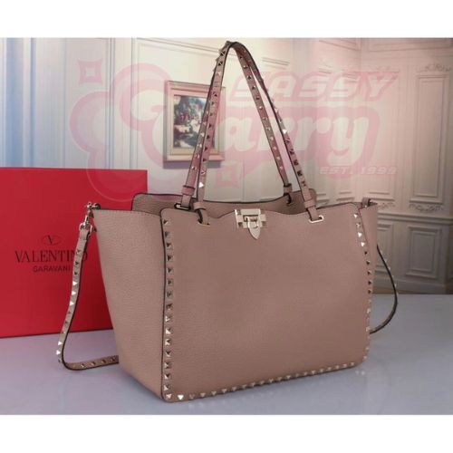 Valentino Medium Rockstud Tote In Poudre Grain Calfskin