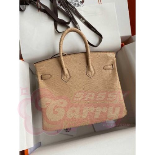 Hermes Birkin 25 Retourne Handmade Bag In Beige Lizard Leather