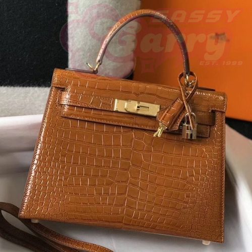 Hermes Kelly 25 cm Bag In Brown Embossed Crocodile