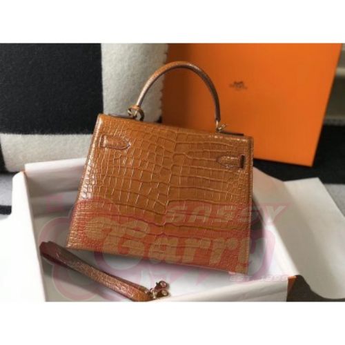 Hermes Kelly 25 cm Bag In Brown Embossed Crocodile