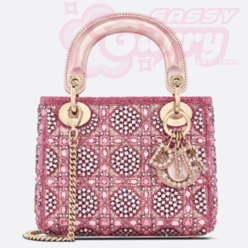 Dior Lady Dior Mini Chain Bag in Satin with Pink Resin Pearl Embroidery