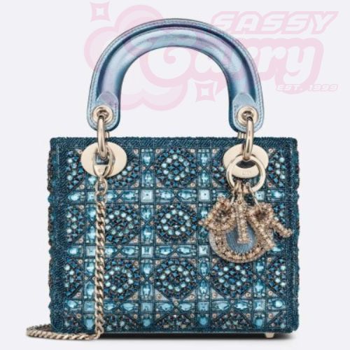 Dior Lady Dior Mini Chain Bag in Satin with Blue Bead Embroidery